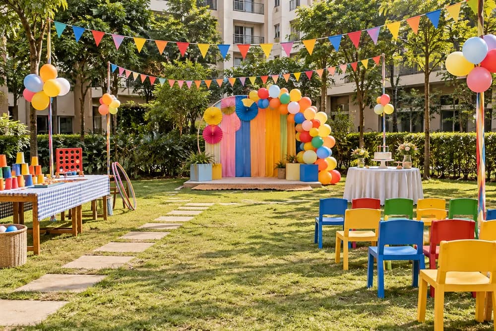 Colourful outdoor birthday bunting with separate cake and activity areas