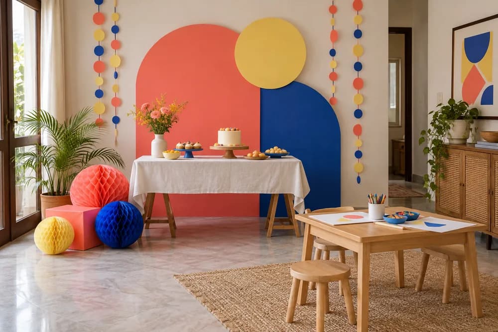 Colourful geometric birthday backdrop beside an art activity table
