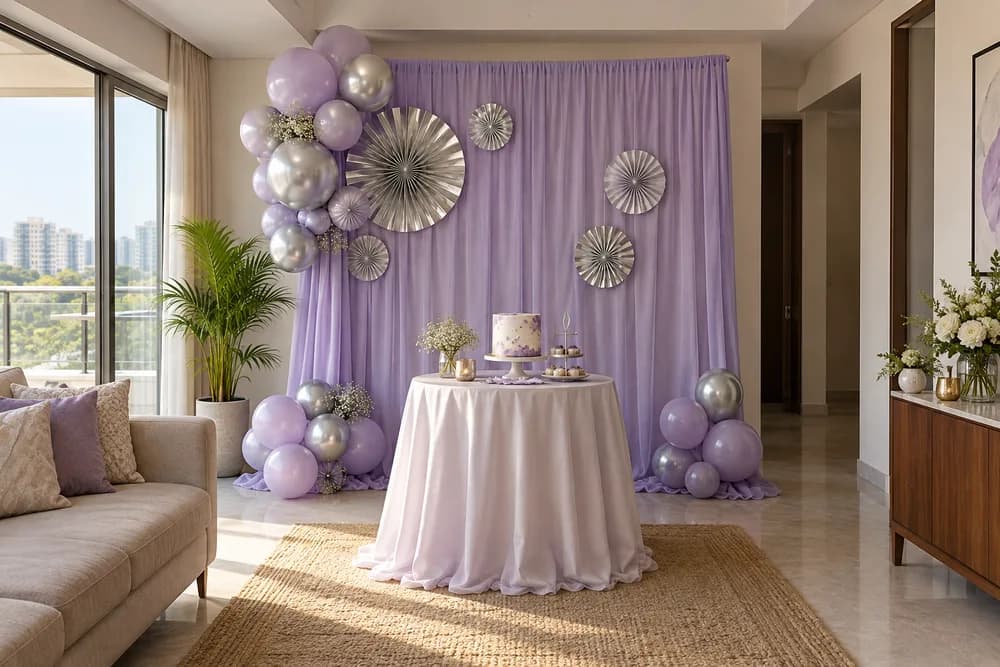 Lilac birthday backdrop with silver details and a cake table