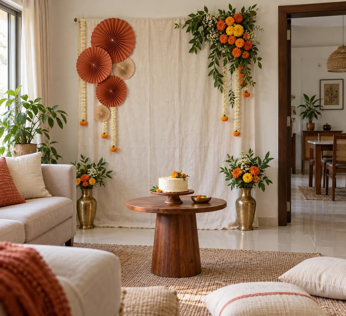 Marigold flowers and terracotta paper fans framing a birthday cake table