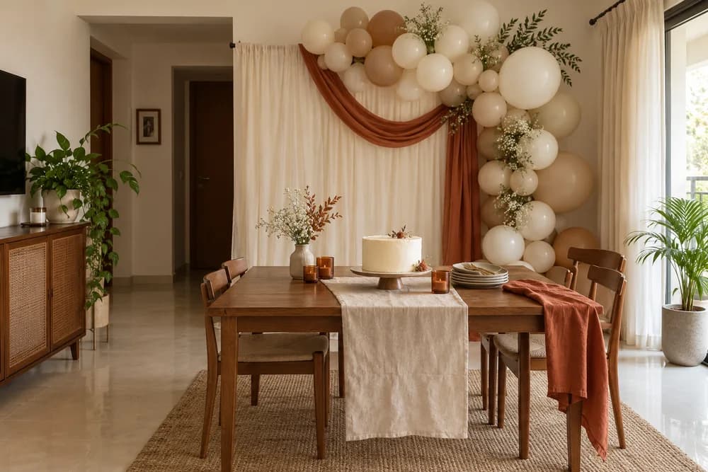 Ivory and sand birthday backdrop with a small balloon cluster and cake table