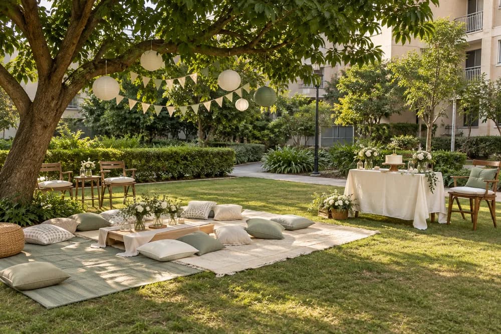 Sage and cream birthday picnic with seating and a cake table on a shaded lawn