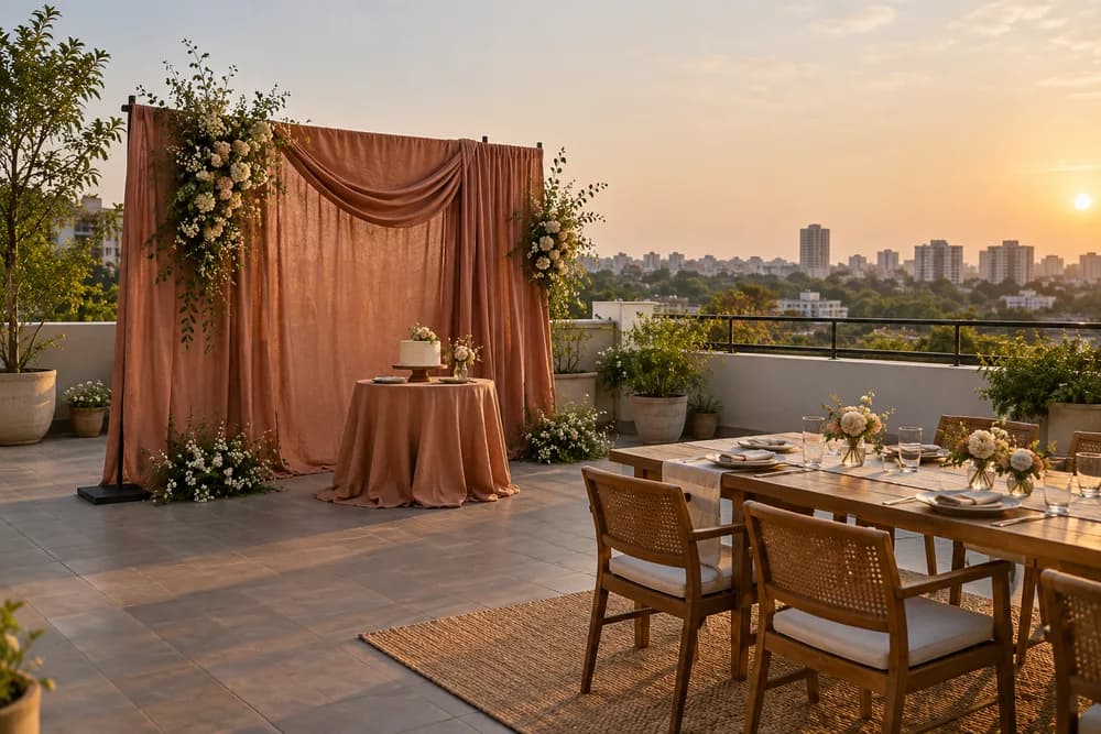 Terracotta birthday backdrop and floral cake table on a terrace