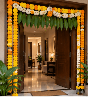 Marigold & mango leaf welcome — Griha Pravesh decoration inspiration