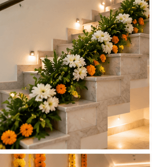 Floral staircase accents — Griha Pravesh decoration inspiration