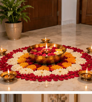 Petal rangoli corner — Griha Pravesh decoration inspiration