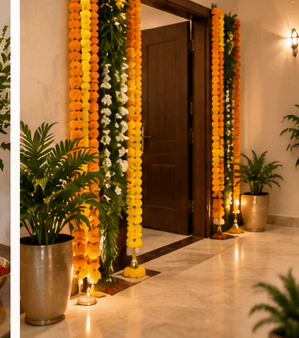 Marigold celebration backdrop — Griha Pravesh decoration inspiration