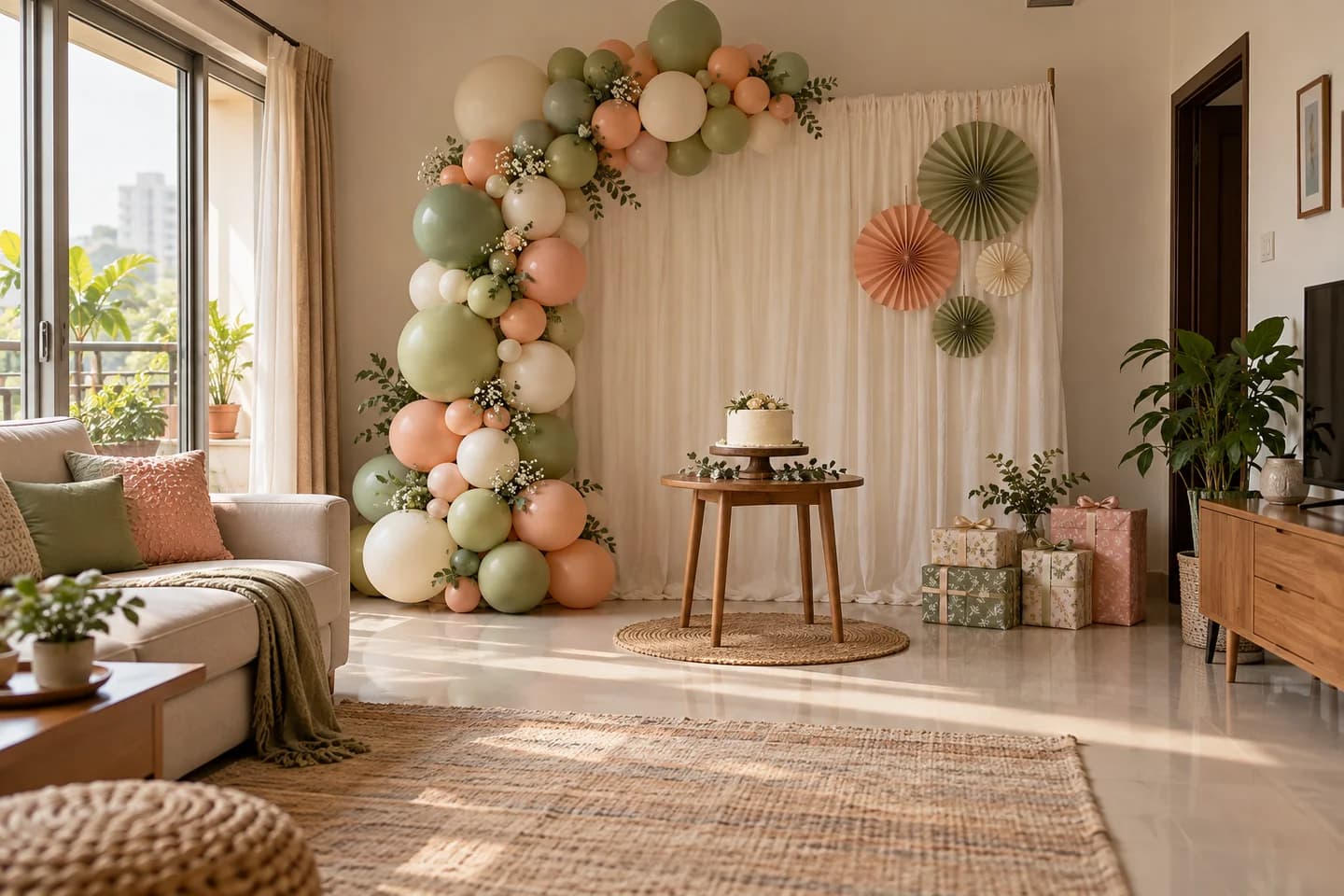 Pastel balloon birthday decoration in a family home