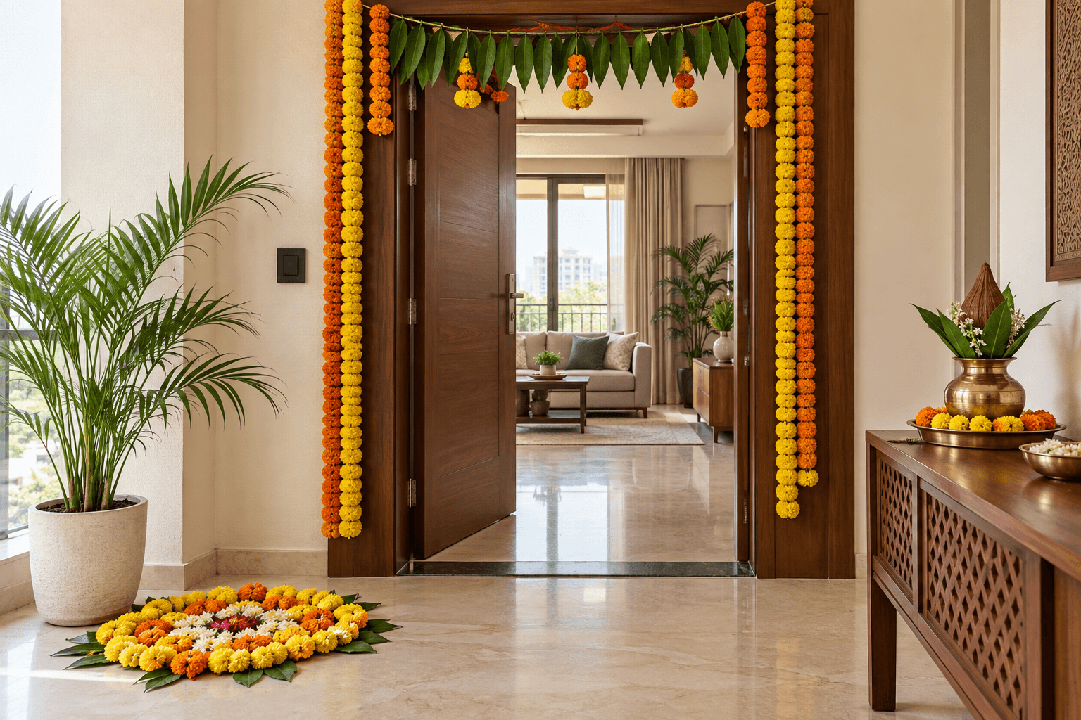 Marigold and mango leaf decoration around a welcoming home entrance