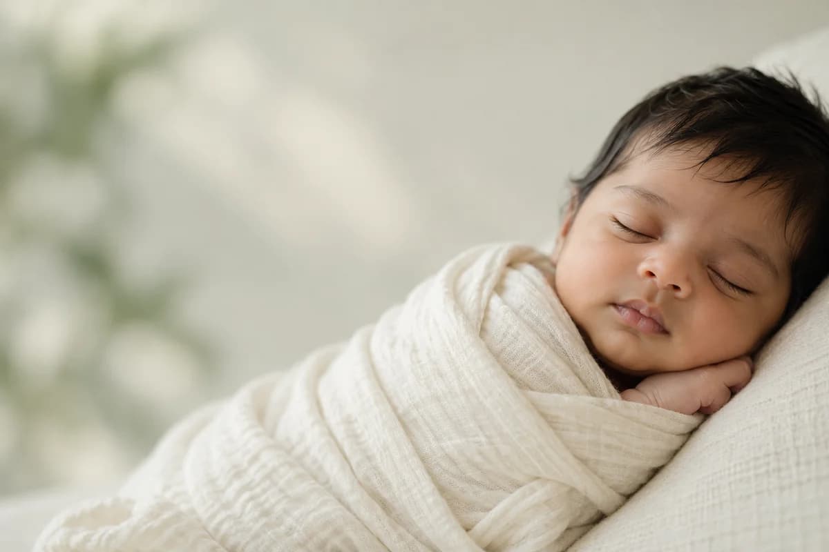 A newborn sleeping peacefully in a cream cotton swaddle