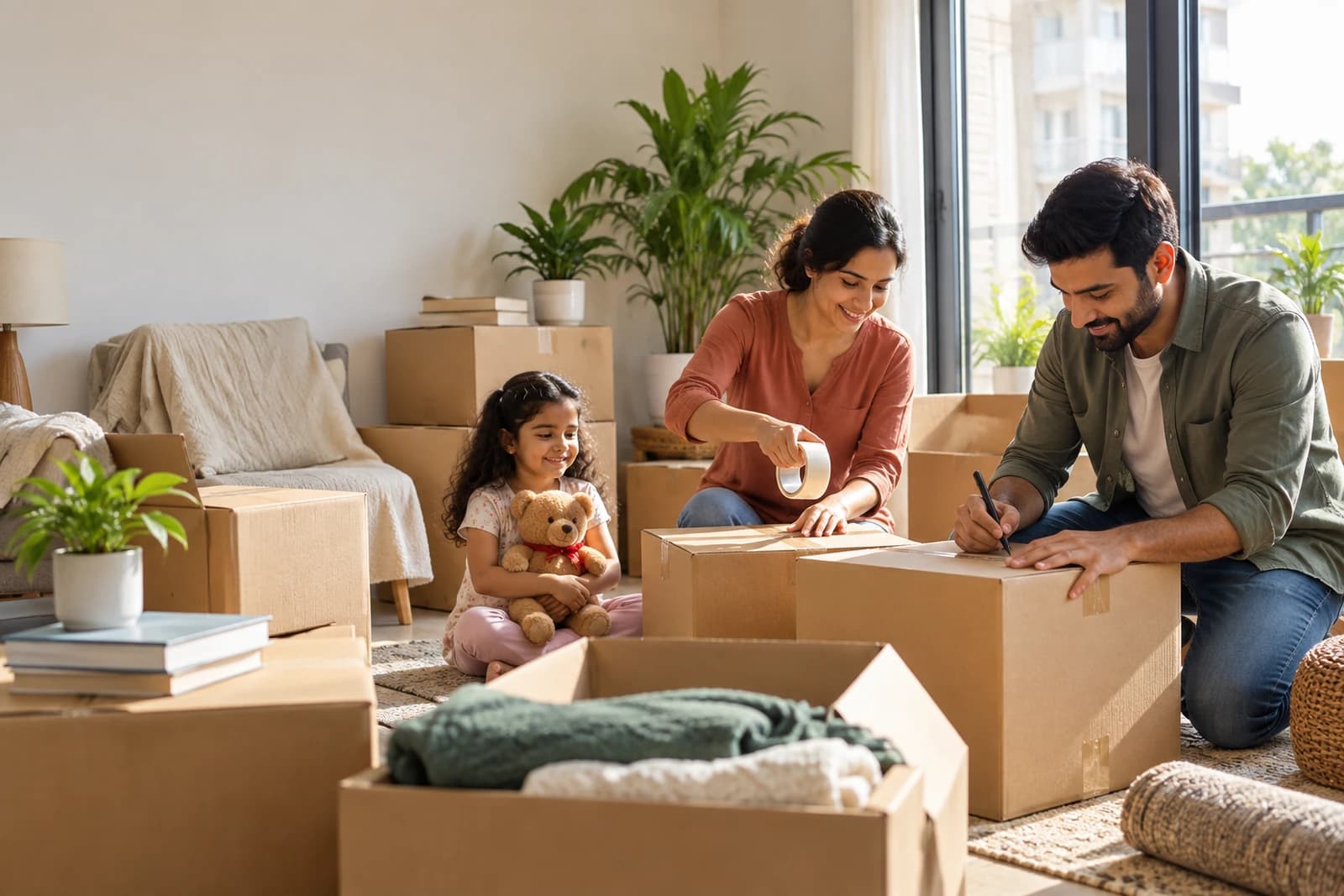 Family packing and labelling boxes together before moving home