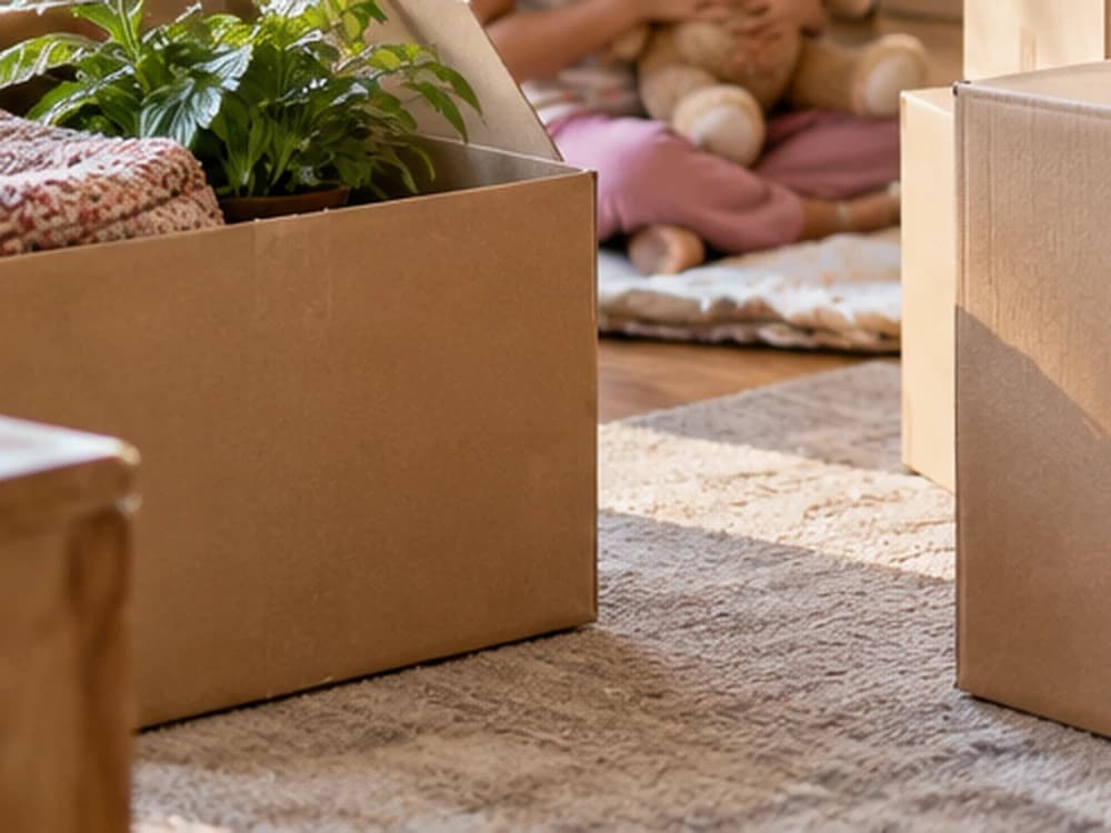 Cardboard moving boxes beside folded textiles and a houseplant